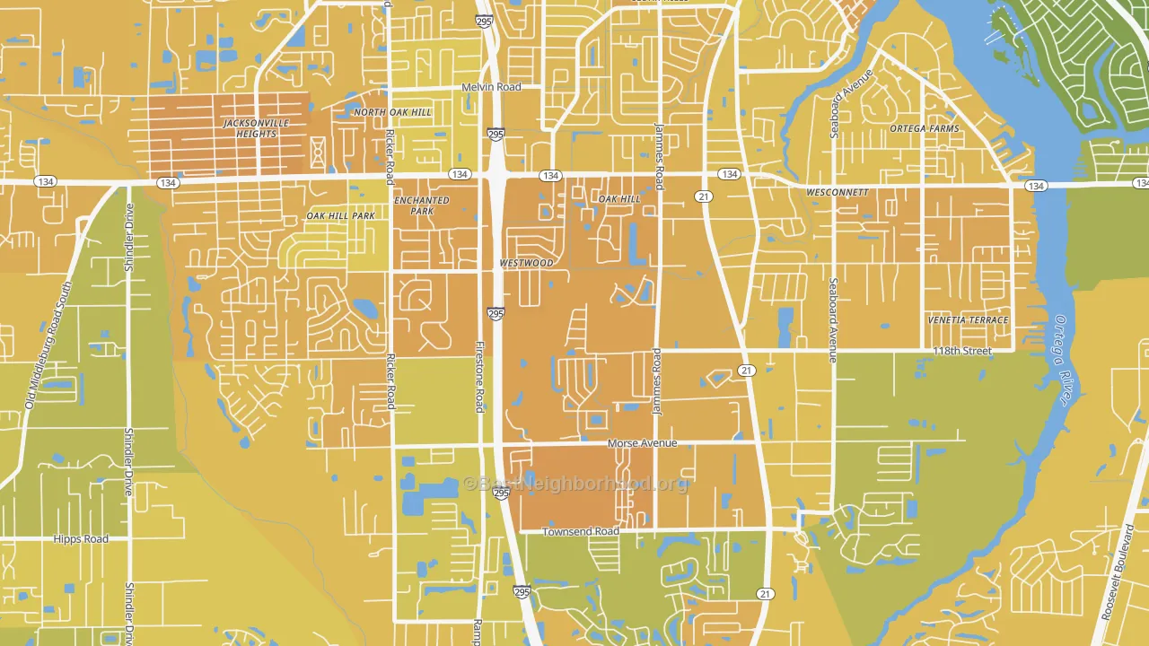 Map of the best neighborhoods in the Oak Hill, Jacksonville area, with better matches in green and worse matches in red