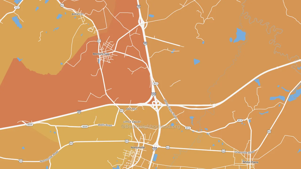 Map of the best neighborhoods in the Oak Hill area, with better matches in green and worse matches in red