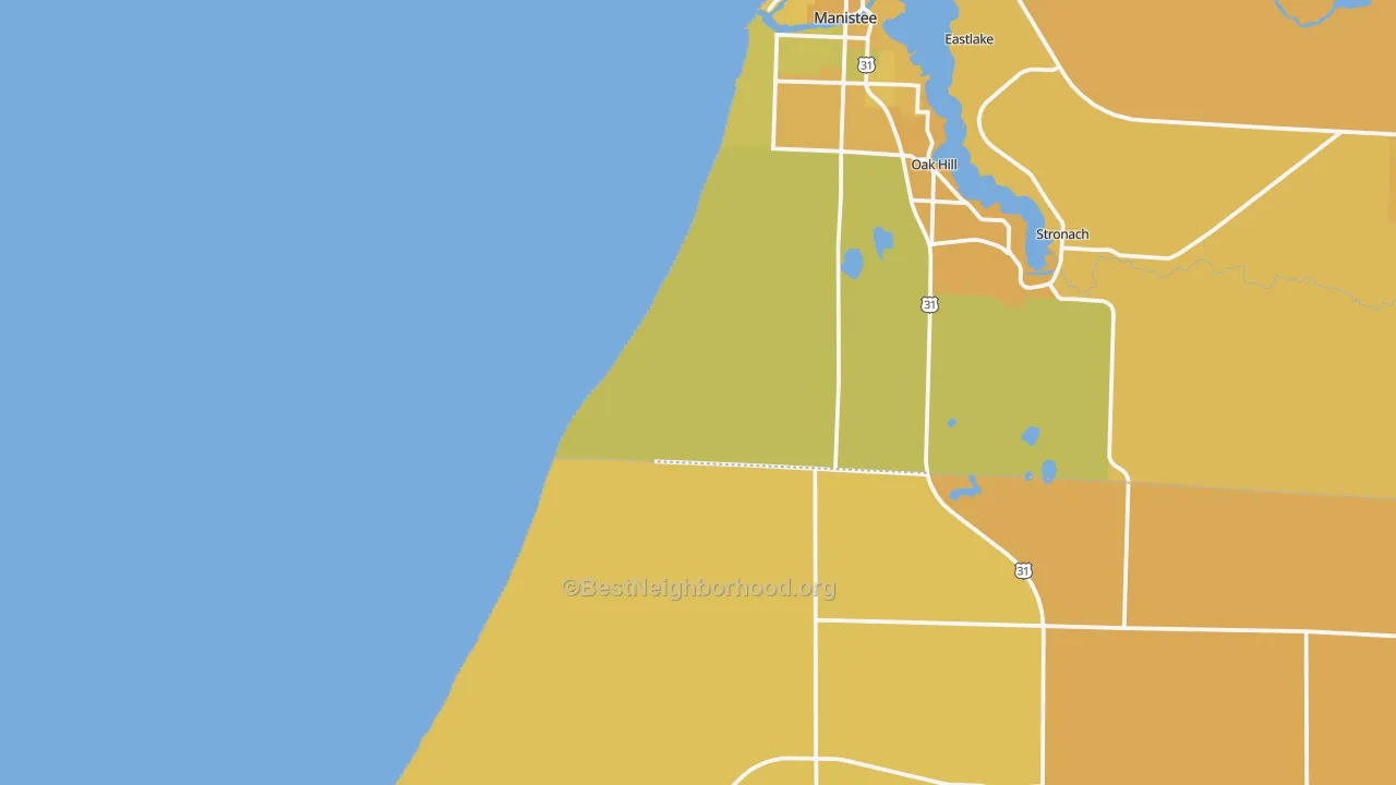 Map of the best neighborhoods in the Oak Hill area, with better matches in green and worse matches in red