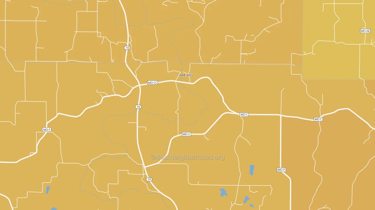 Map of the best neighborhoods in the Oak Hill area, with better matches in green and worse matches in red