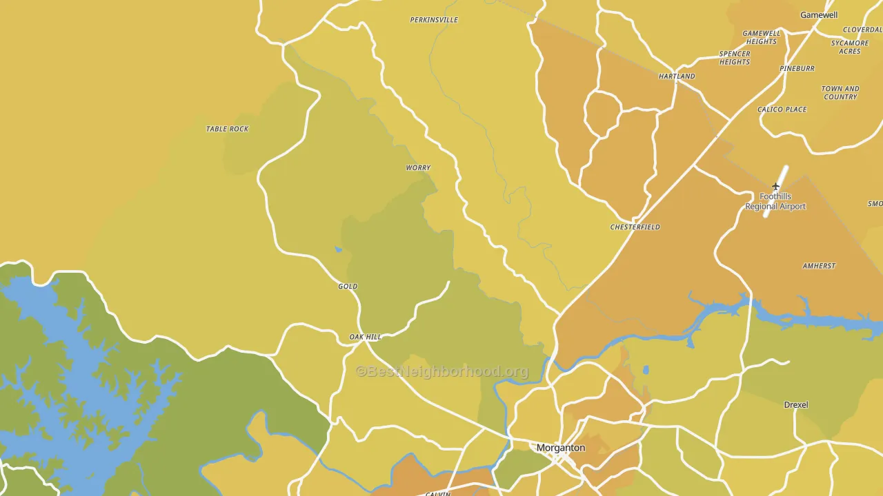Map of the best neighborhoods in the Oak Hill area, with better matches in green and worse matches in red