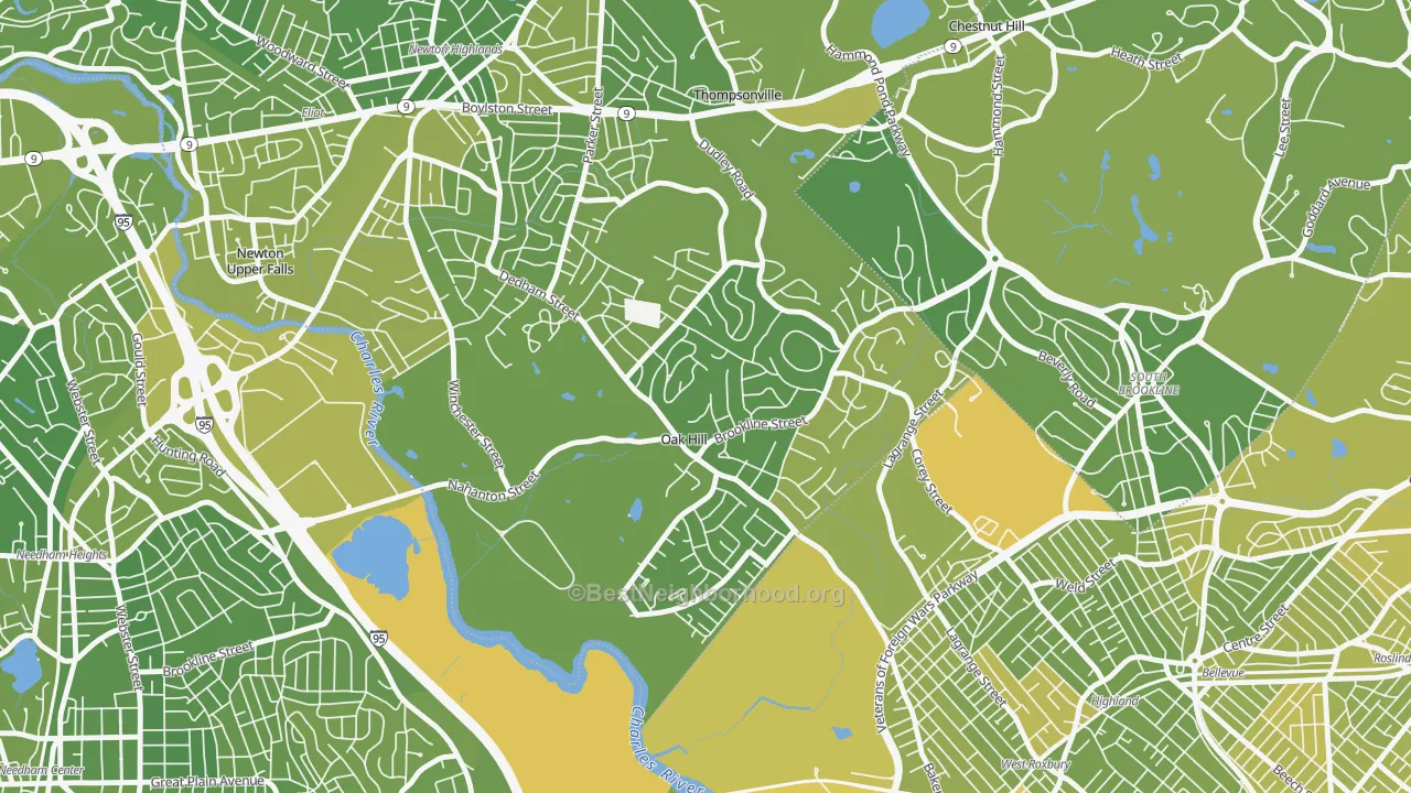 Map of the best neighborhoods in the Oak Hill, Newton Center area, with better matches in green and worse matches in red