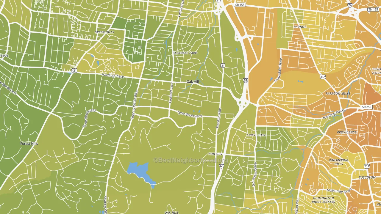 Map of the best neighborhoods in the Oak Hill area, with better matches in green and worse matches in red
