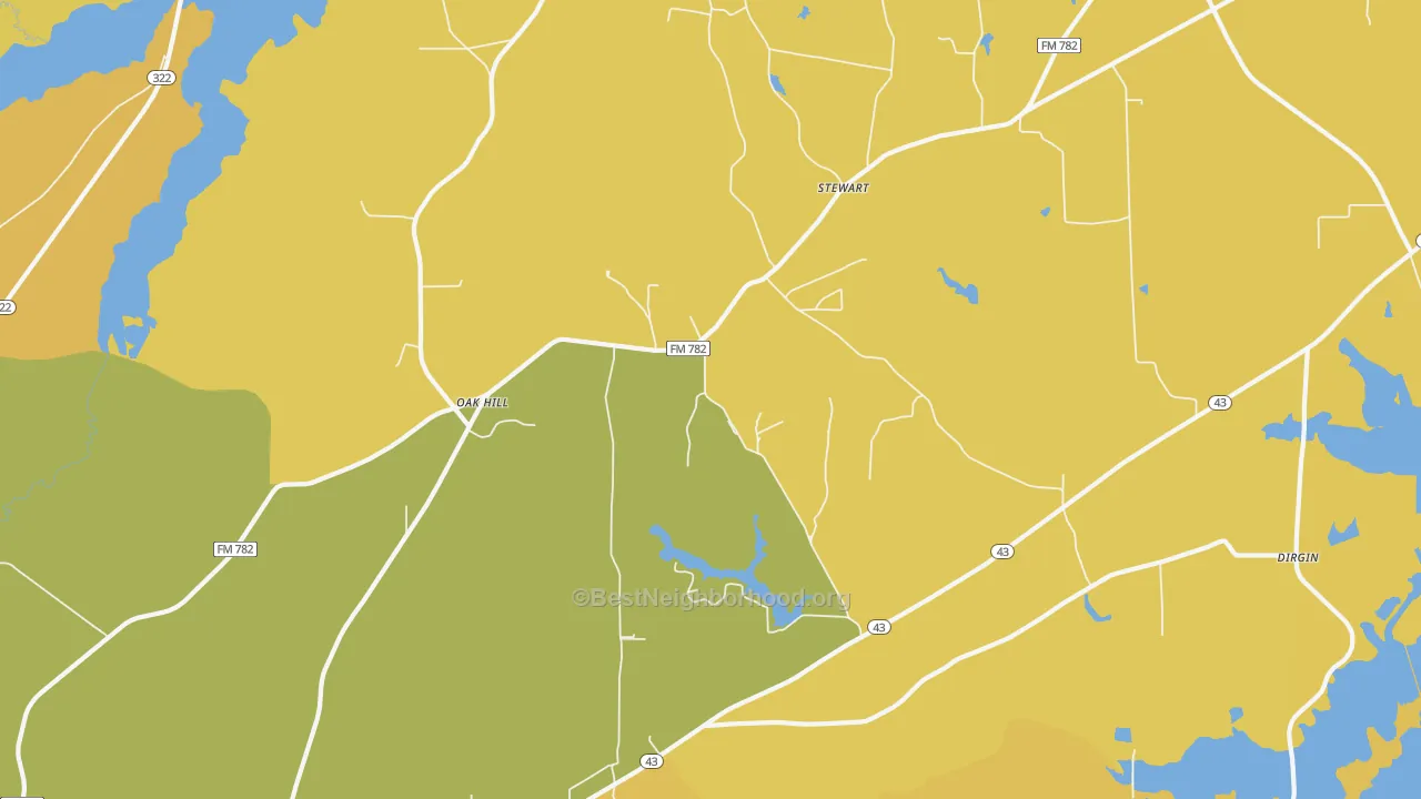 Map of the best neighborhoods in the Oak Hill area, with better matches in green and worse matches in red