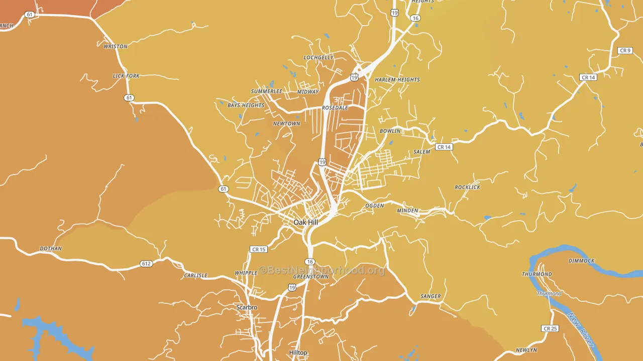 Map of the best neighborhoods in the Oak Hill area, with better matches in green and worse matches in red