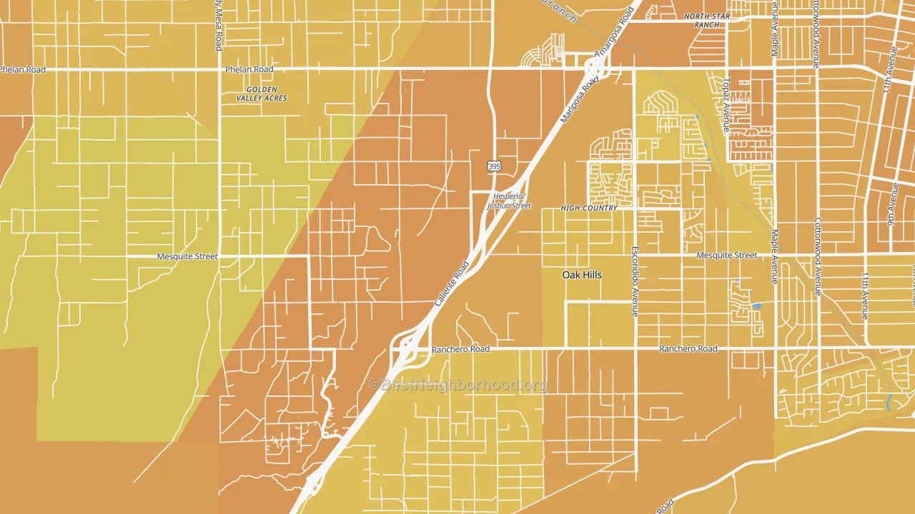 Map of the best neighborhoods in the Oak Hills area, with better matches in green and worse matches in red