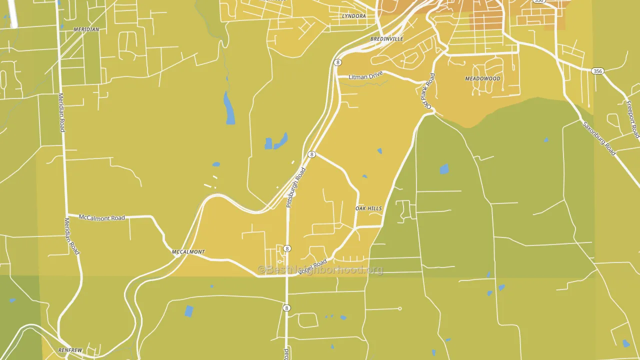 Map of the best neighborhoods in the Oak Hills area, with better matches in green and worse matches in red
