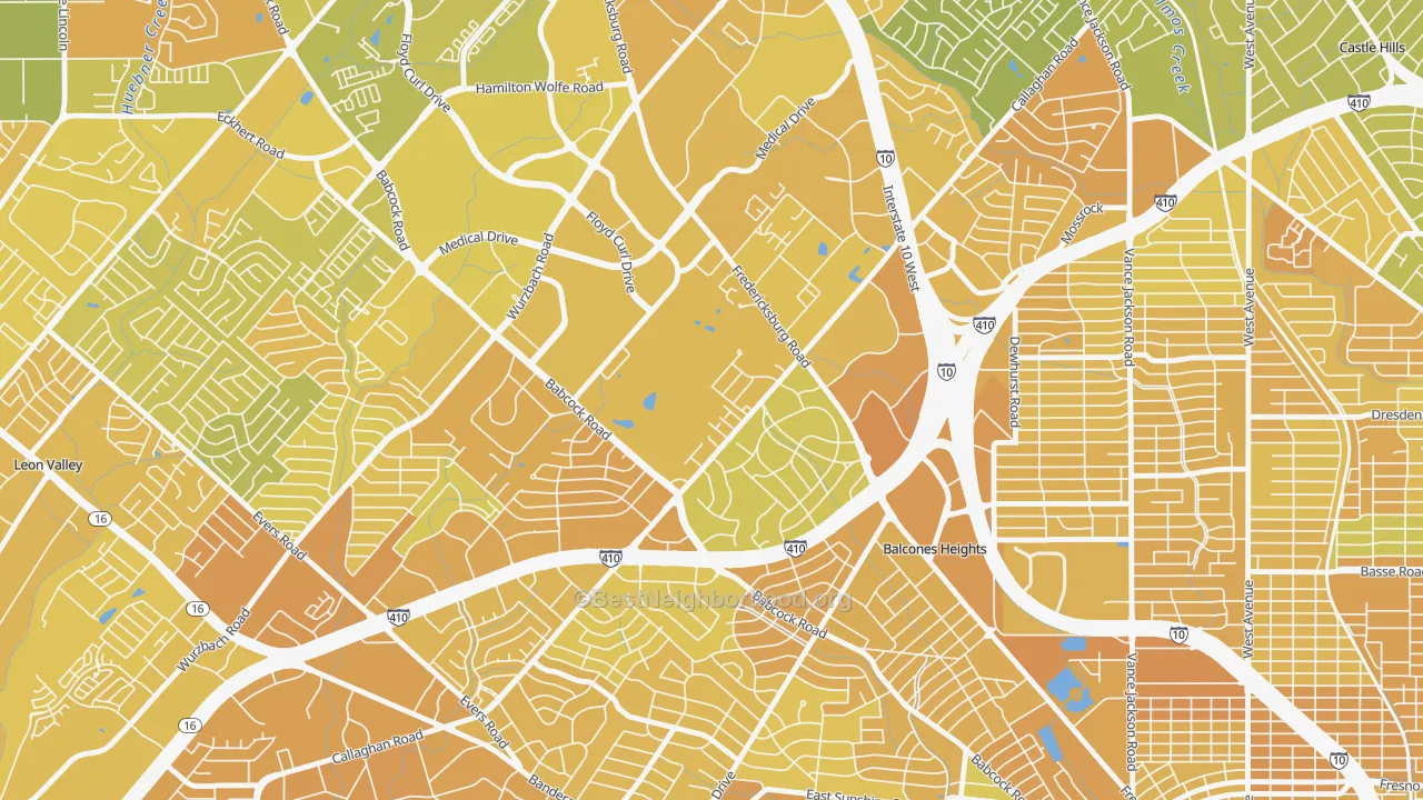 Map of the best neighborhoods in the Oak Hills, San Antonio area, with better matches in green and worse matches in red