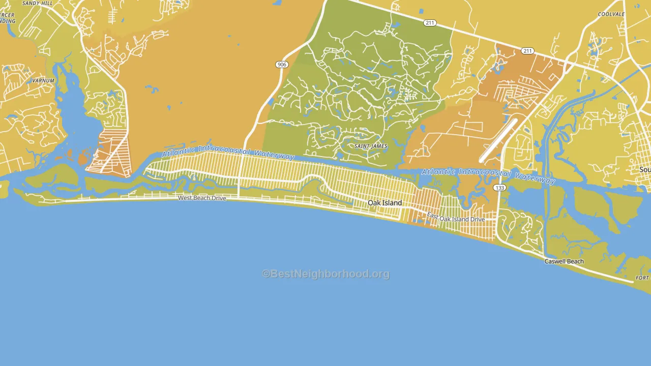 Map of the best neighborhoods in the Oak Island area, with better matches in green and worse matches in red
