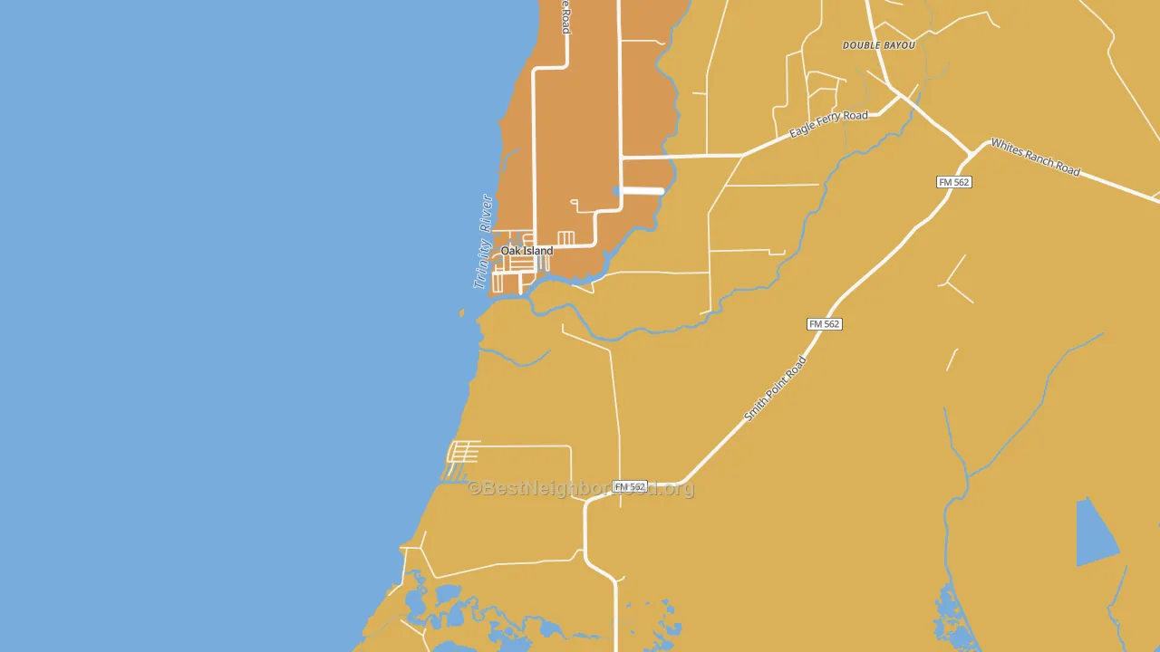 Map of the best neighborhoods in the Oak Island area, with better matches in green and worse matches in red