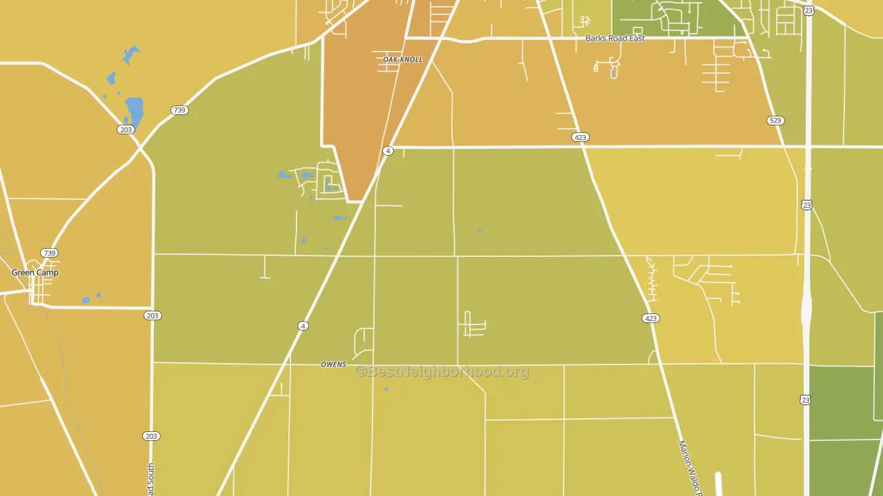 Map of the best neighborhoods in the Oak Knoll area, with better matches in green and worse matches in red