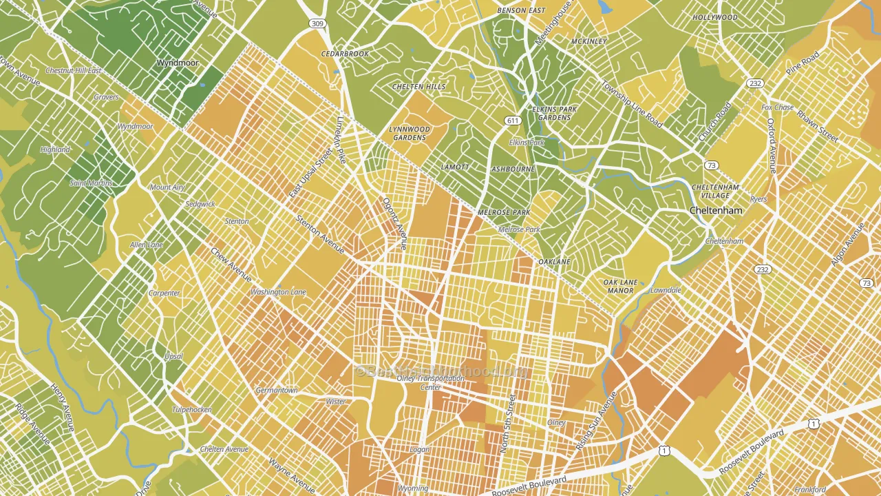 Map of the best neighborhoods in the Oak Lane, Philadelphia area, with better matches in green and worse matches in red