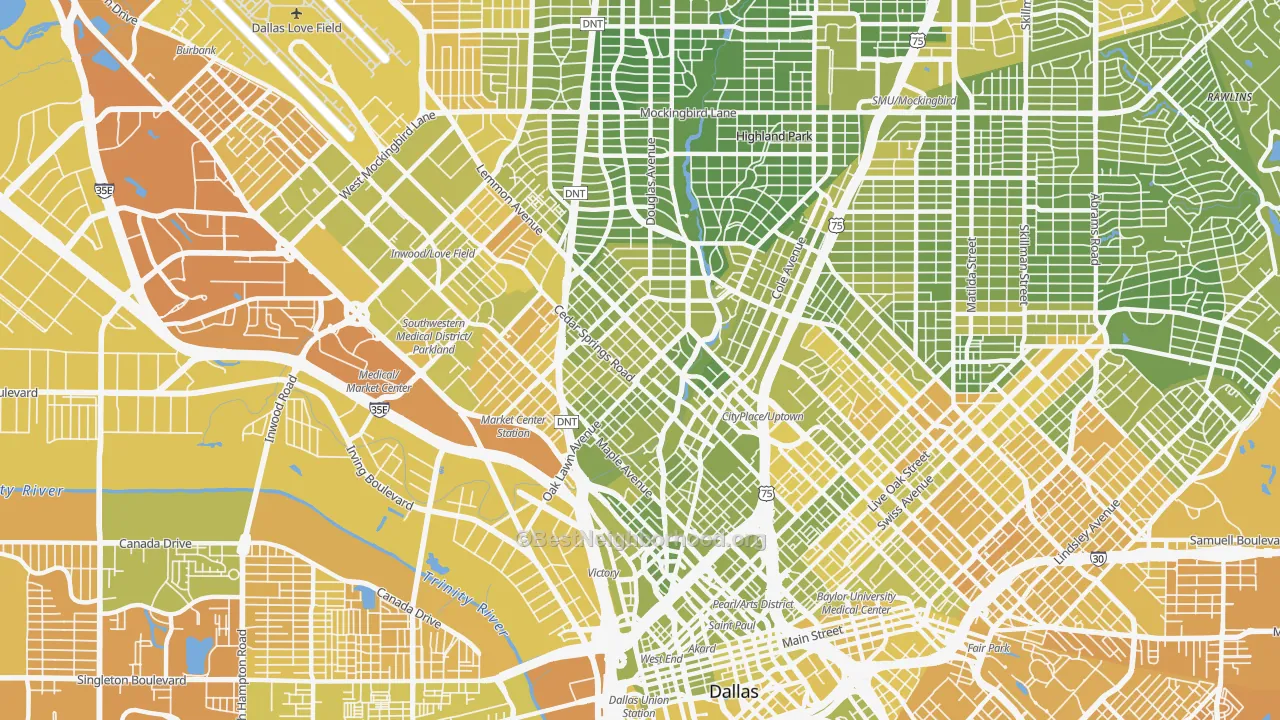 Map of the best neighborhoods in the Oak Lawn, Dallas area, with better matches in green and worse matches in red