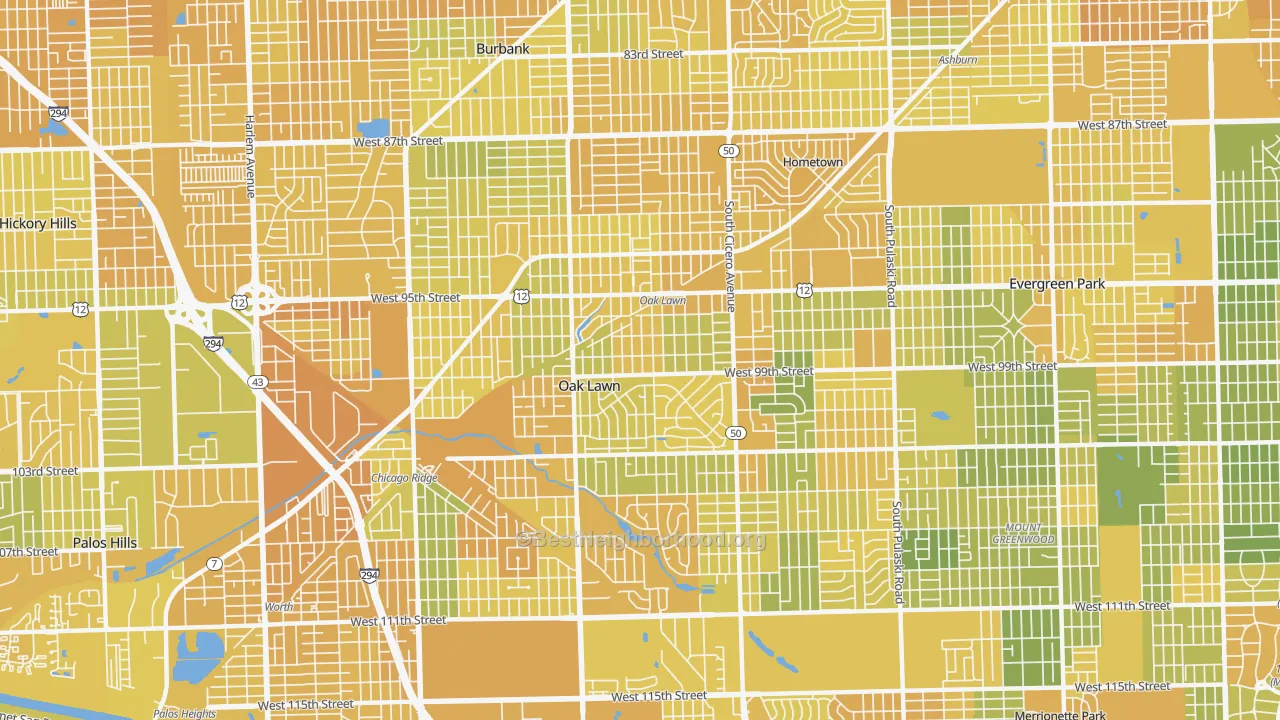 Map of the best neighborhoods in the Oak Lawn area, with better matches in green and worse matches in red