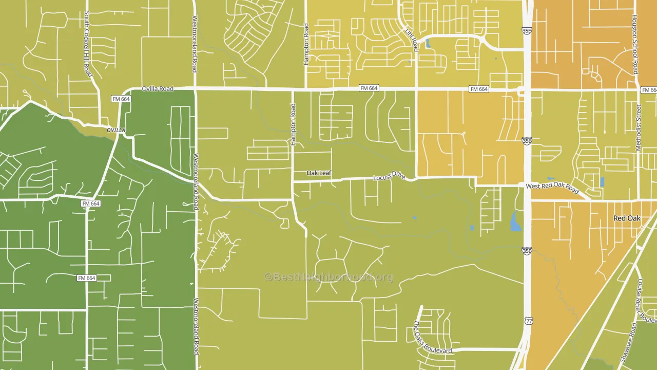 Map of the best neighborhoods in the Oak Leaf area, with better matches in green and worse matches in red