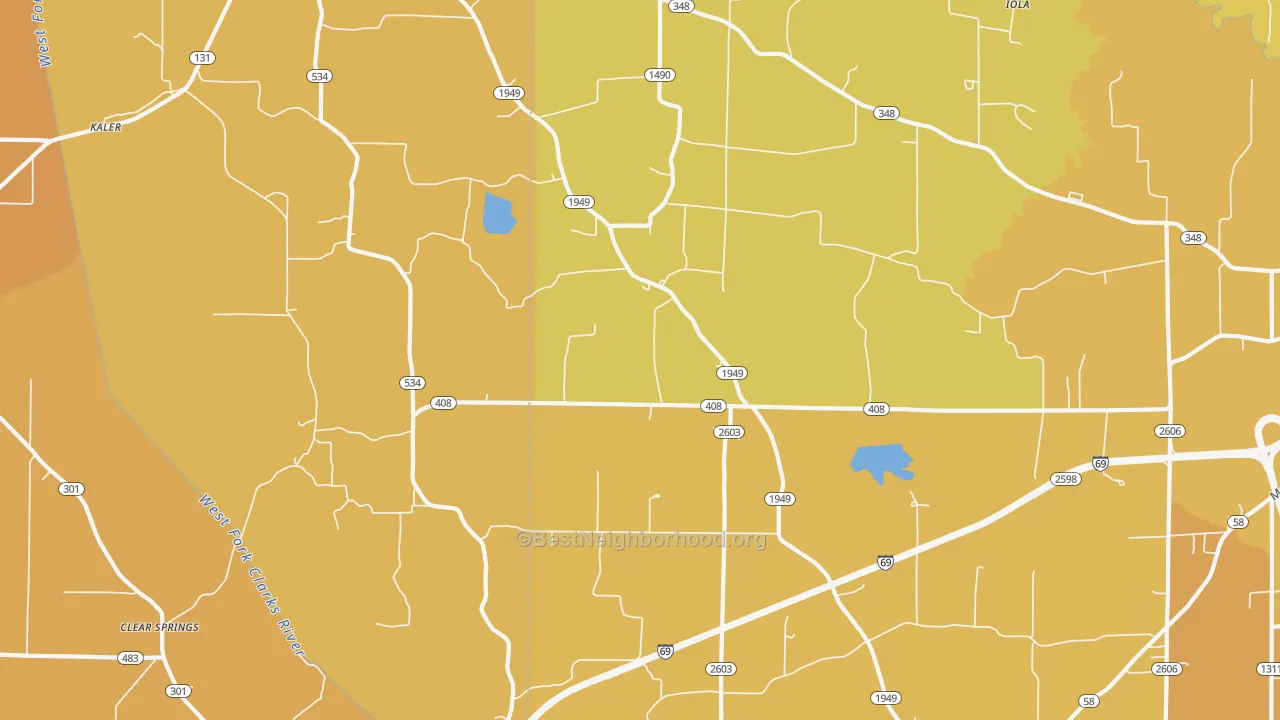 Map of the best neighborhoods in the Oak Level area, with better matches in green and worse matches in red