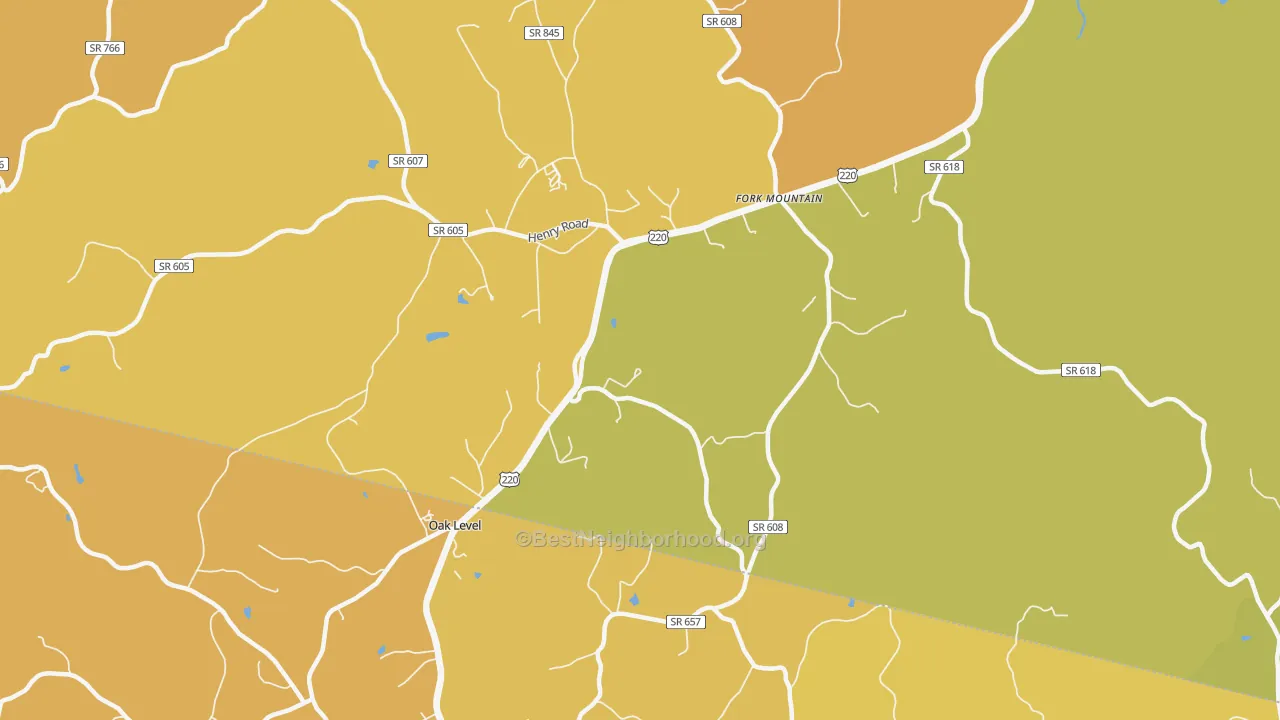 Map of the best neighborhoods in the Oak Level area, with better matches in green and worse matches in red
