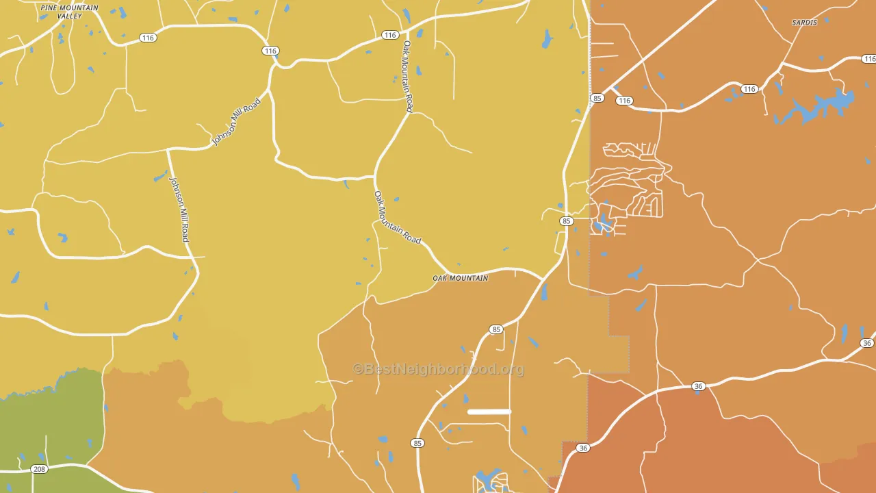 Map of the best neighborhoods in the Oak Mountain area, with better matches in green and worse matches in red