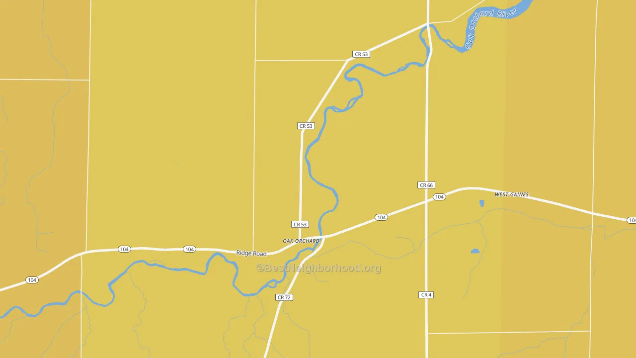 Map of the best neighborhoods in the Oak Orchard area, with better matches in green and worse matches in red