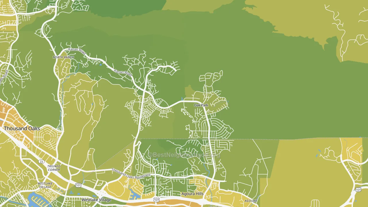 Map of the best neighborhoods in the Oak Park area, with better matches in green and worse matches in red