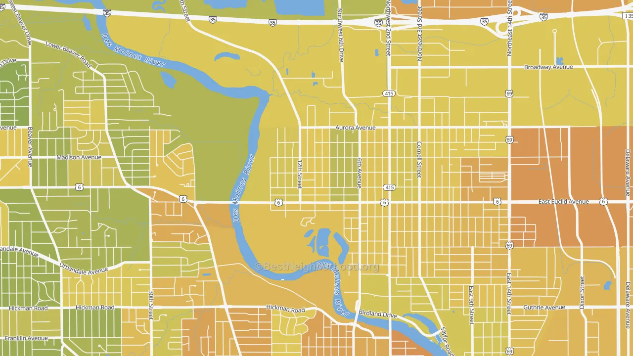 Map of the best neighborhoods in the Oak Park, Des Moines area, with better matches in green and worse matches in red