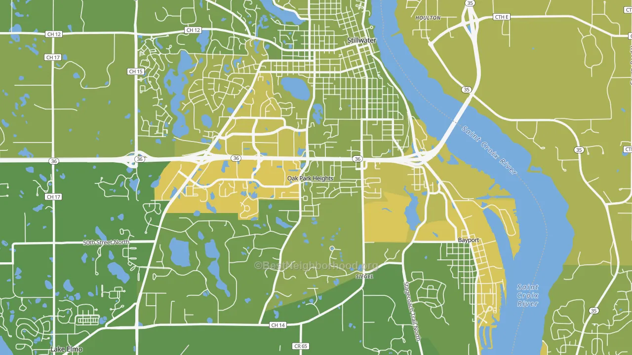 Map of the best neighborhoods in the Oak Park Heights area, with better matches in green and worse matches in red