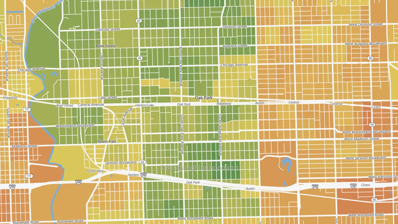 Map of the best neighborhoods in the Oak Park area, with better matches in green and worse matches in red