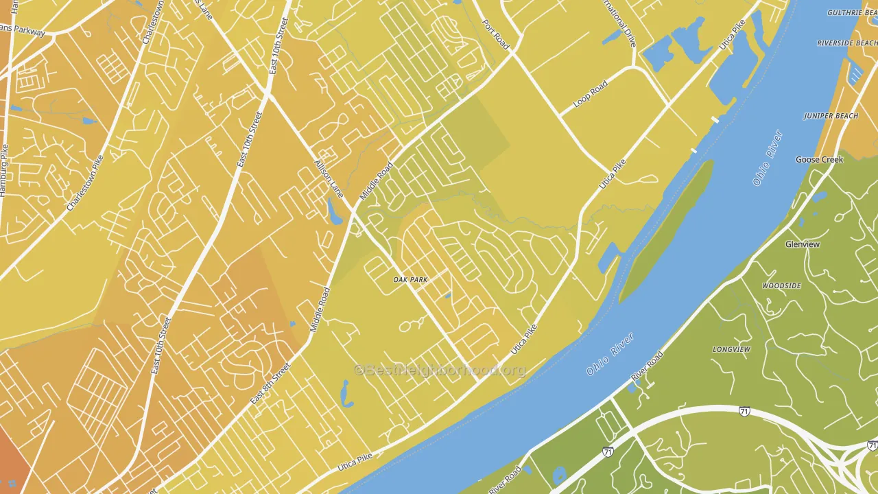 Map of the best neighborhoods in the Oak Park, Jeffersonville area, with better matches in green and worse matches in red