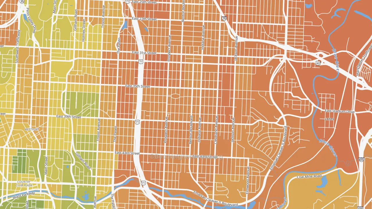 Map of the best neighborhoods in the Oak Park Northwest, Kansas City area, with better matches in green and worse matches in red