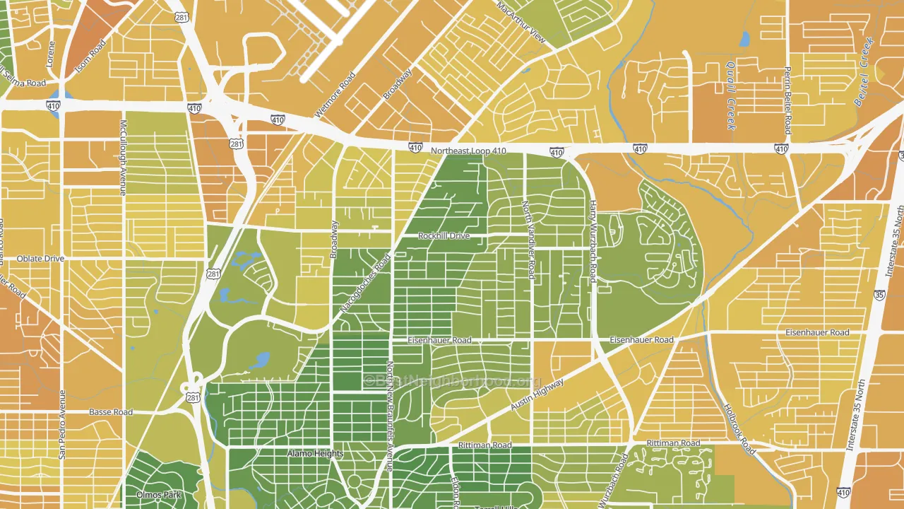 Map of the best neighborhoods in the Oak Park-Northwood, San Antonio area, with better matches in green and worse matches in red