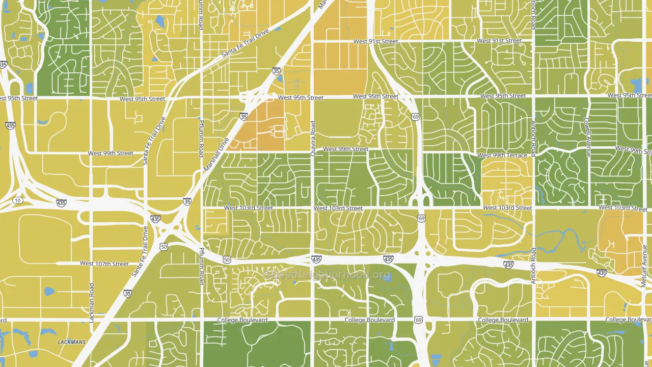 Map of the best neighborhoods in the Oak Park, Overland Park area, with better matches in green and worse matches in red
