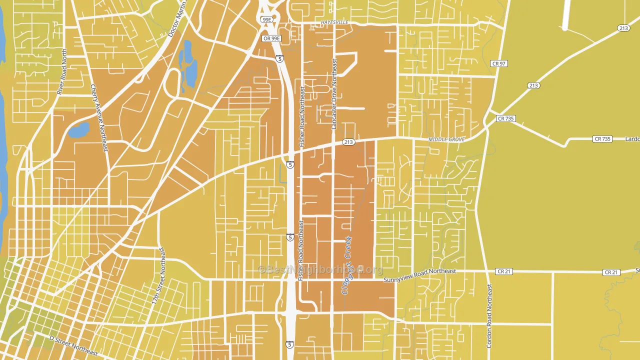 Map of the best neighborhoods in the Oak Park, Salem area, with better matches in green and worse matches in red