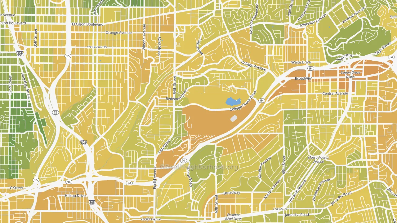Map of the best neighborhoods in the Oak Park, San Diego area, with better matches in green and worse matches in red
