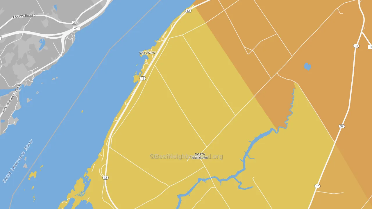 Map of the best neighborhoods in the Oak Point area, with better matches in green and worse matches in red