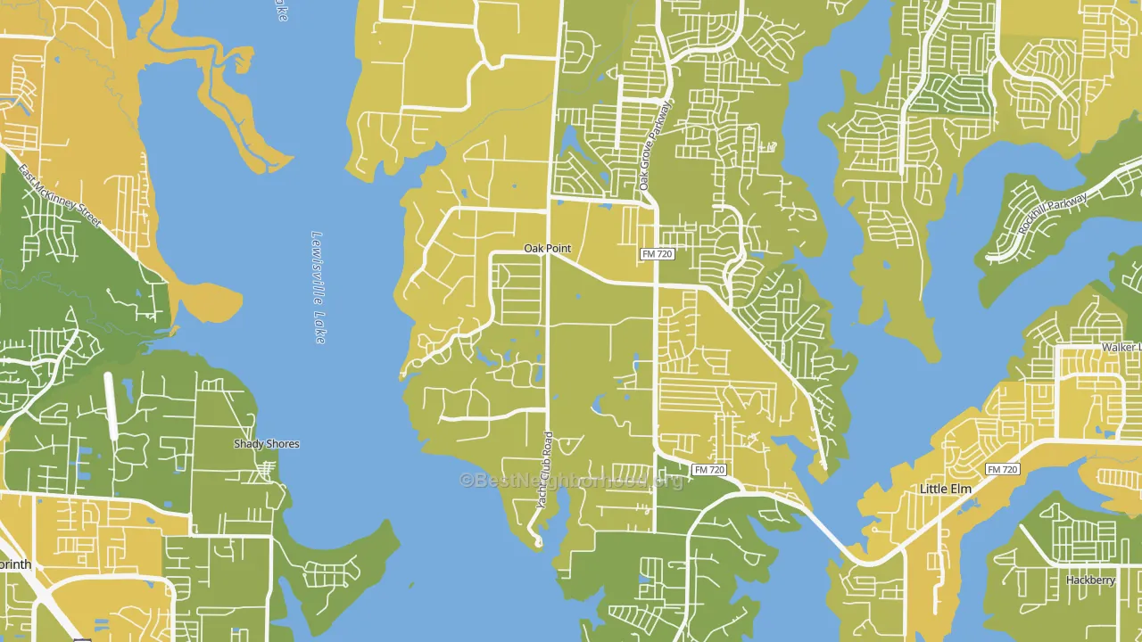 Map of the best neighborhoods in the Oak Point area, with better matches in green and worse matches in red