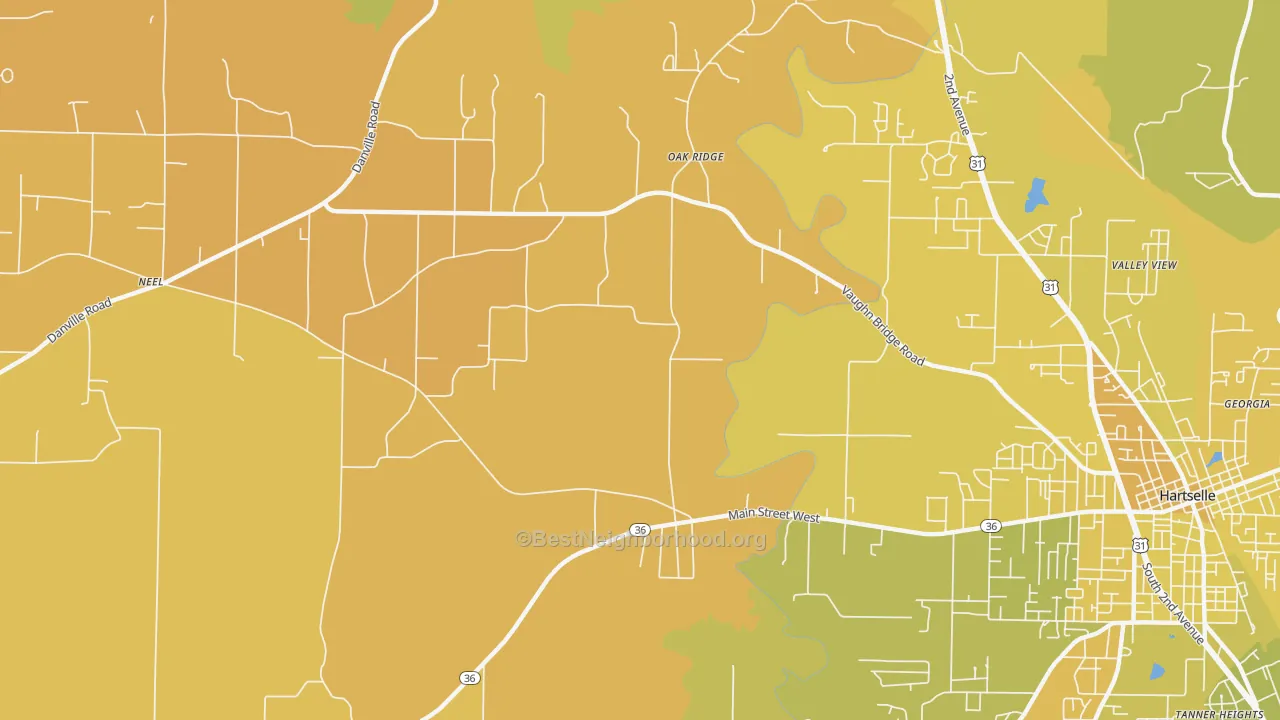 Map of the best neighborhoods in the Oak Ridge area, with better matches in green and worse matches in red