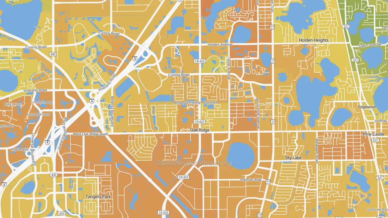 Map of the best neighborhoods in the Oak Ridge area, with better matches in green and worse matches in red