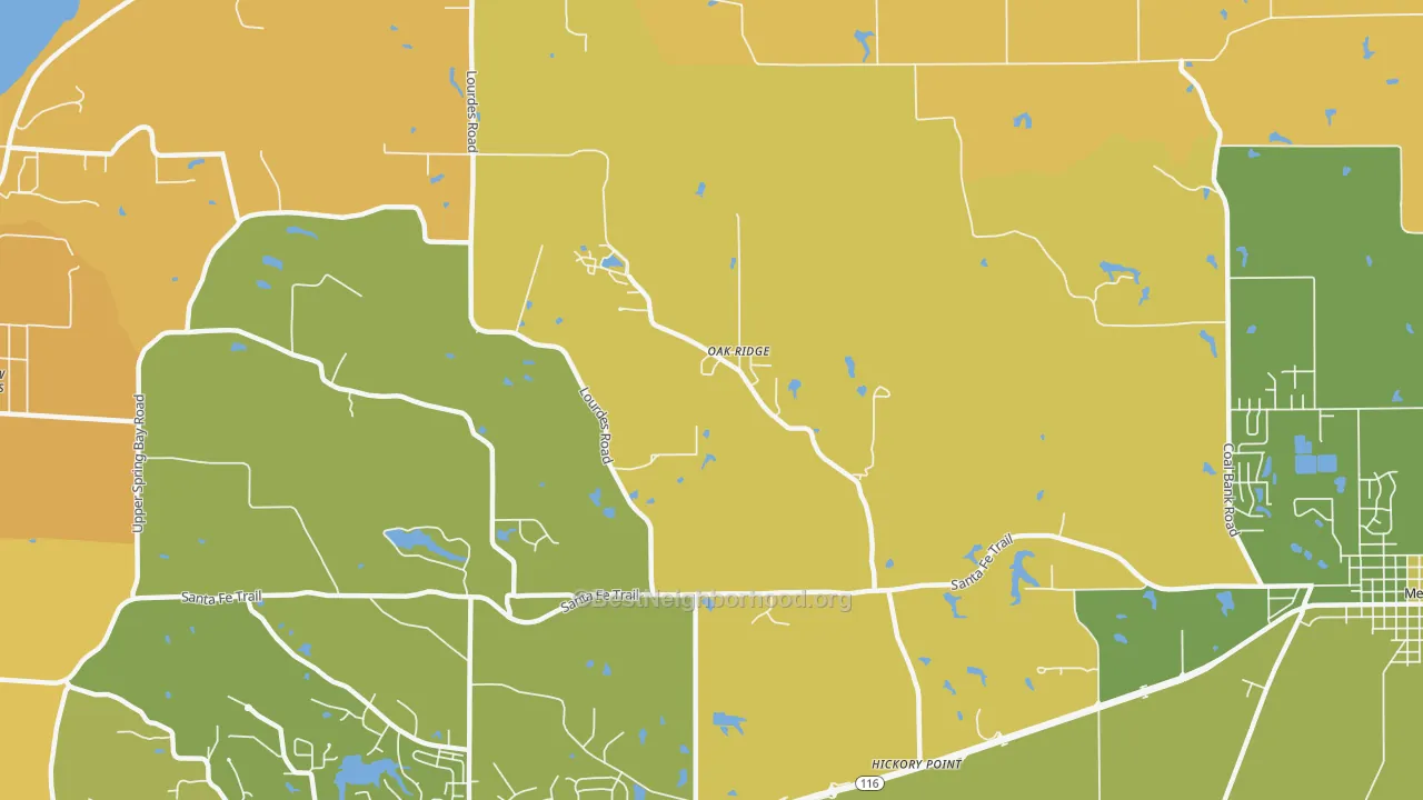 Map of the best neighborhoods in the Oak Ridge area, with better matches in green and worse matches in red