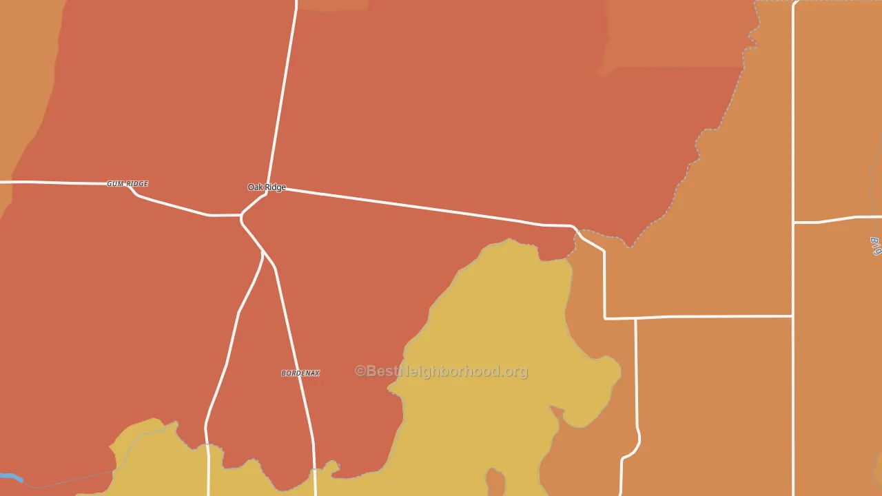Map of the best neighborhoods in the Oak Ridge area, with better matches in green and worse matches in red