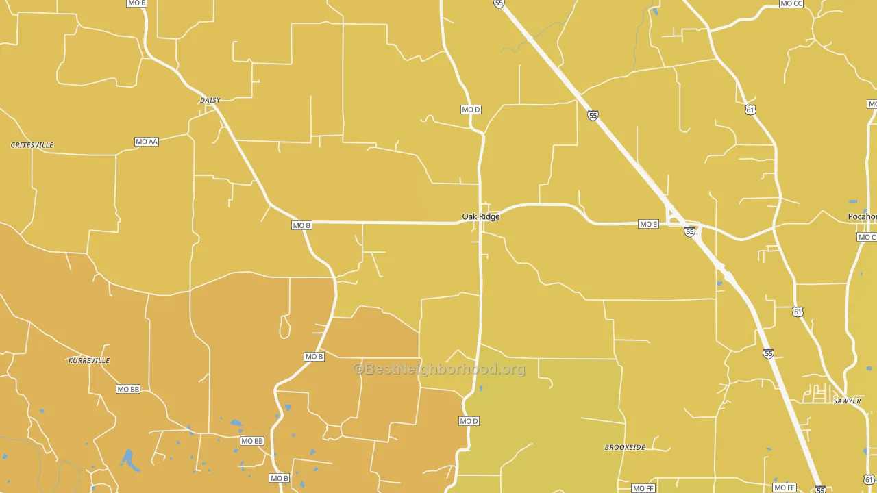 Map of the best neighborhoods in the Oak Ridge area, with better matches in green and worse matches in red