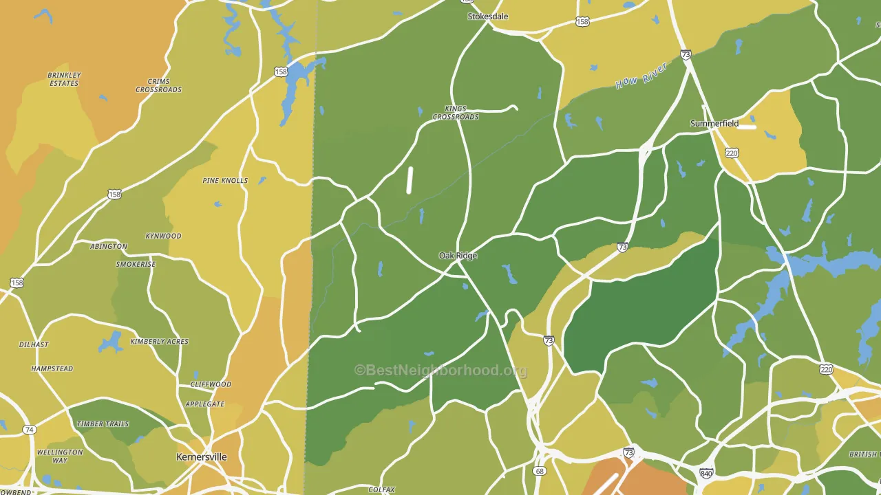 Map of the best neighborhoods in the Oak Ridge area, with better matches in green and worse matches in red