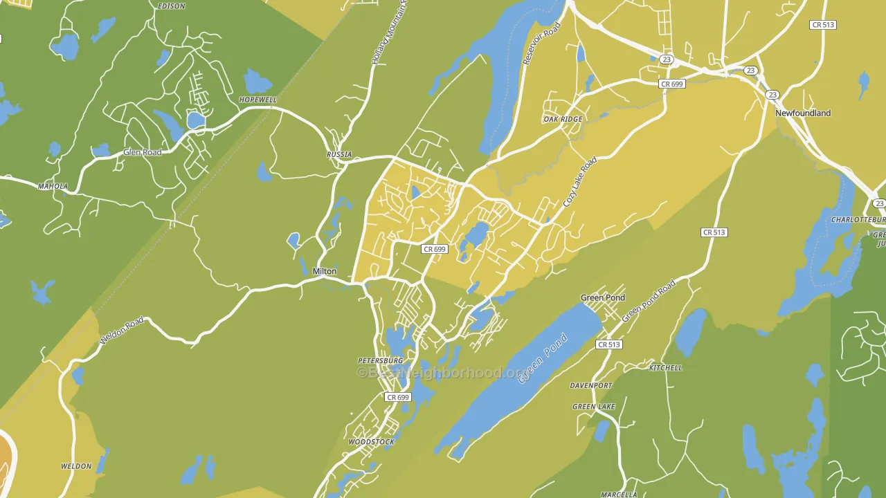 Map of the best neighborhoods in the Oak Ridge area, with better matches in green and worse matches in red