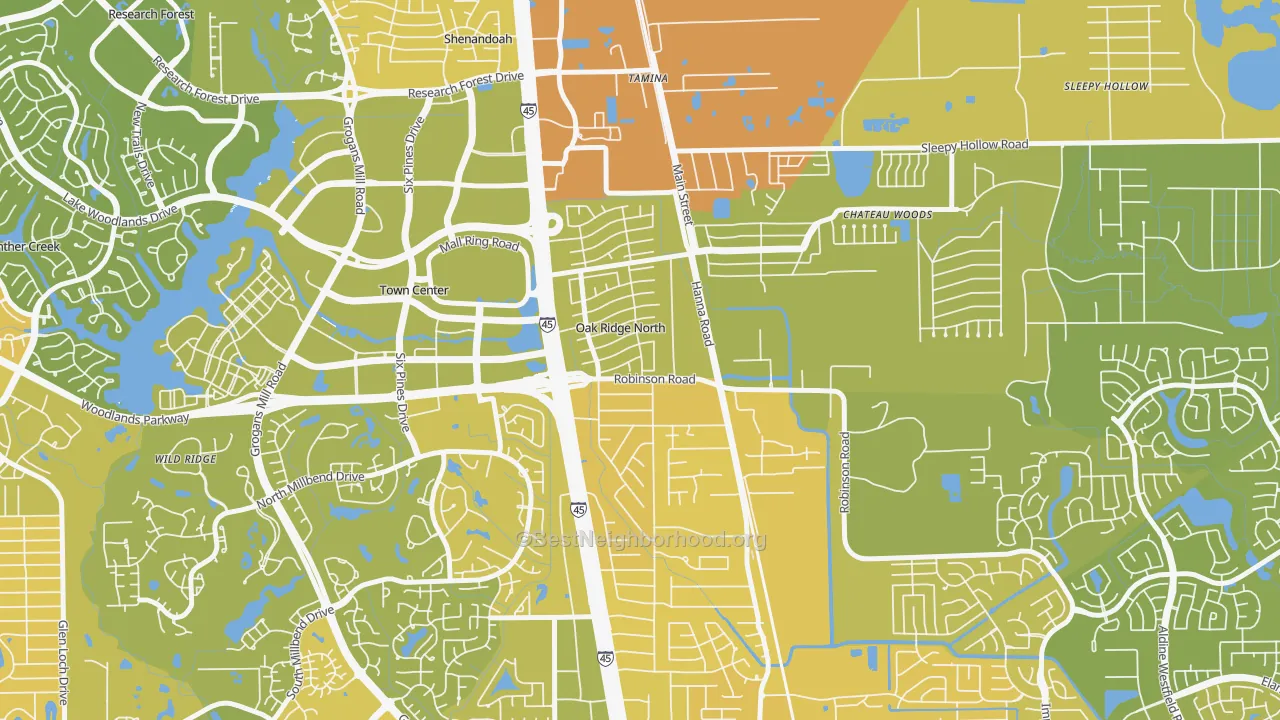 Map of the best neighborhoods in the Oak Ridge North area, with better matches in green and worse matches in red
