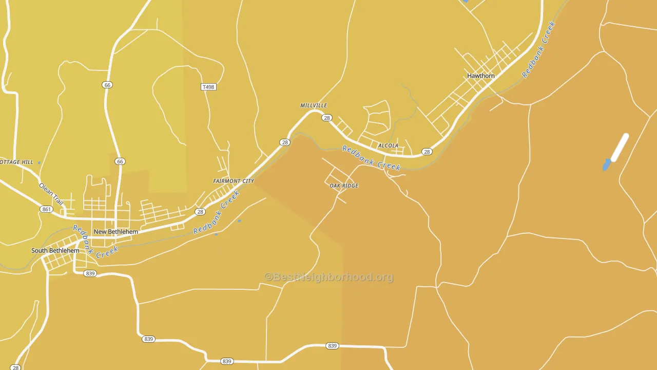 Map of the best neighborhoods in the Oak Ridge area, with better matches in green and worse matches in red