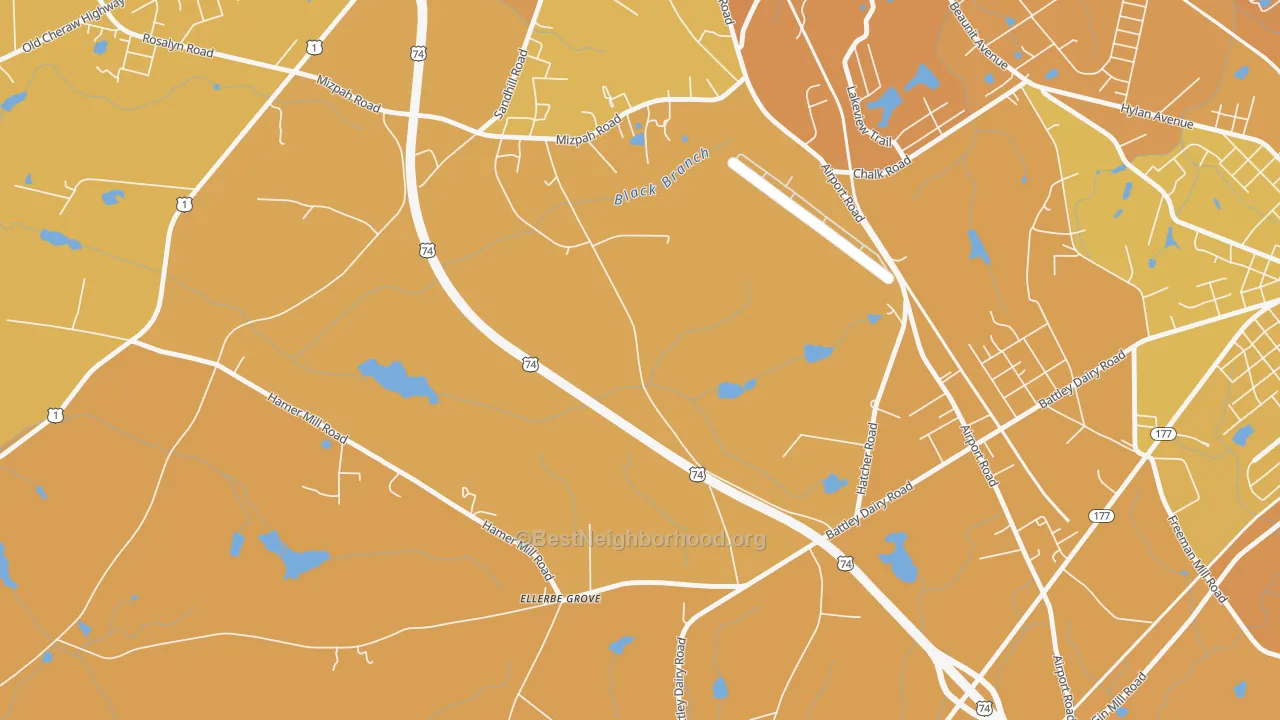 Map of the best neighborhoods in the Oak Ridge Park area, with better matches in green and worse matches in red