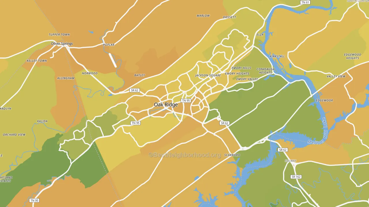 Map of the best neighborhoods in the Oak Ridge area, with better matches in green and worse matches in red