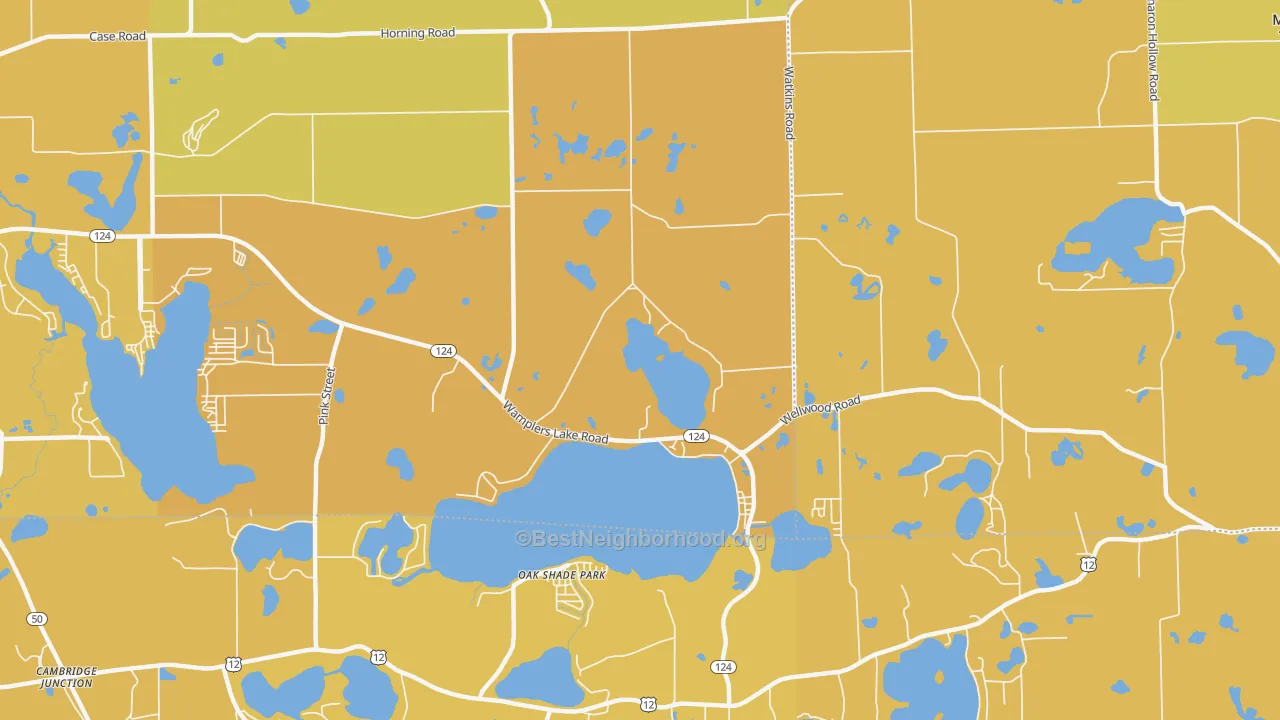 Map of the best neighborhoods in the Oak Shade Park area, with better matches in green and worse matches in red