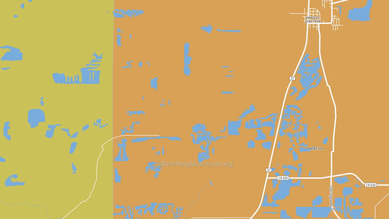Map of the best neighborhoods in the Oak Terrace area, with better matches in green and worse matches in red