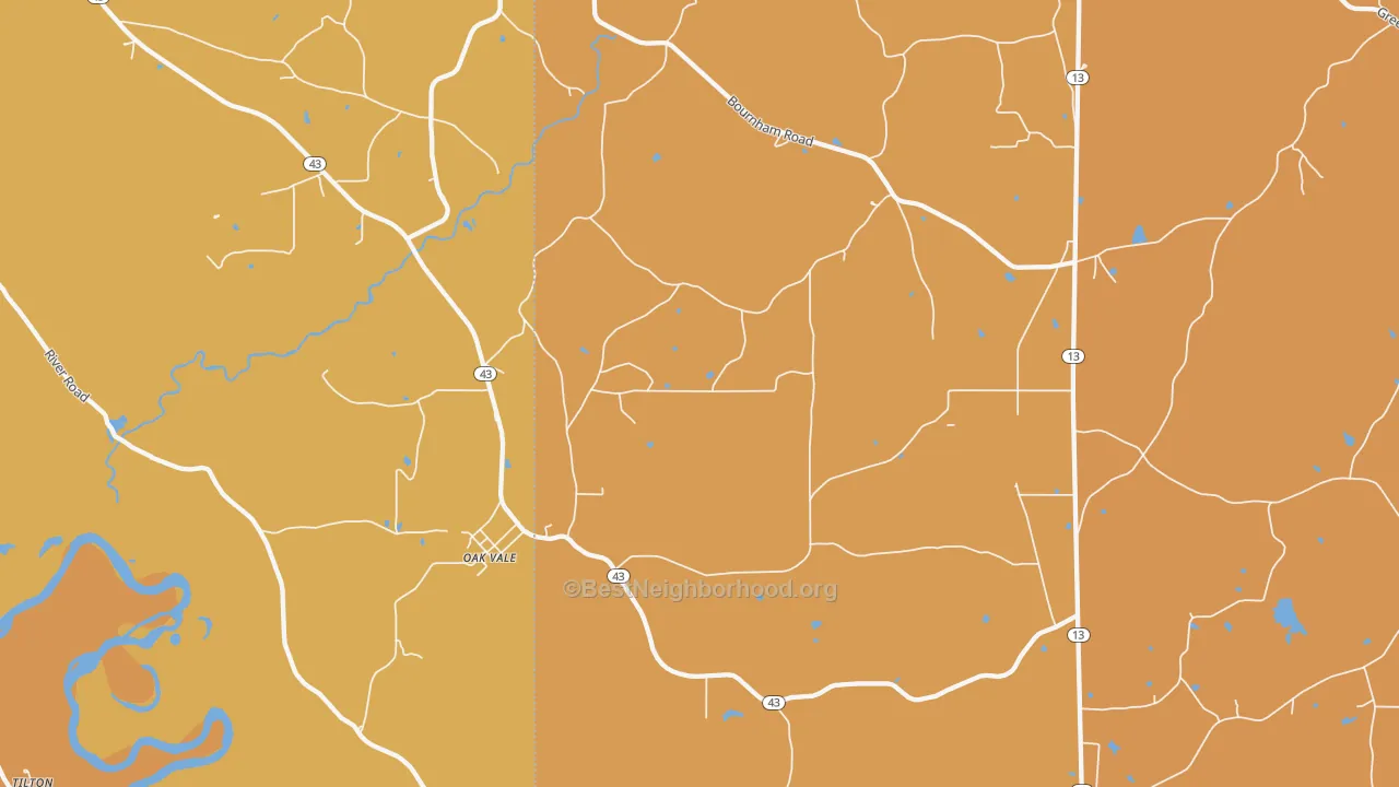 Map of the best neighborhoods in the Oak Vale area, with better matches in green and worse matches in red