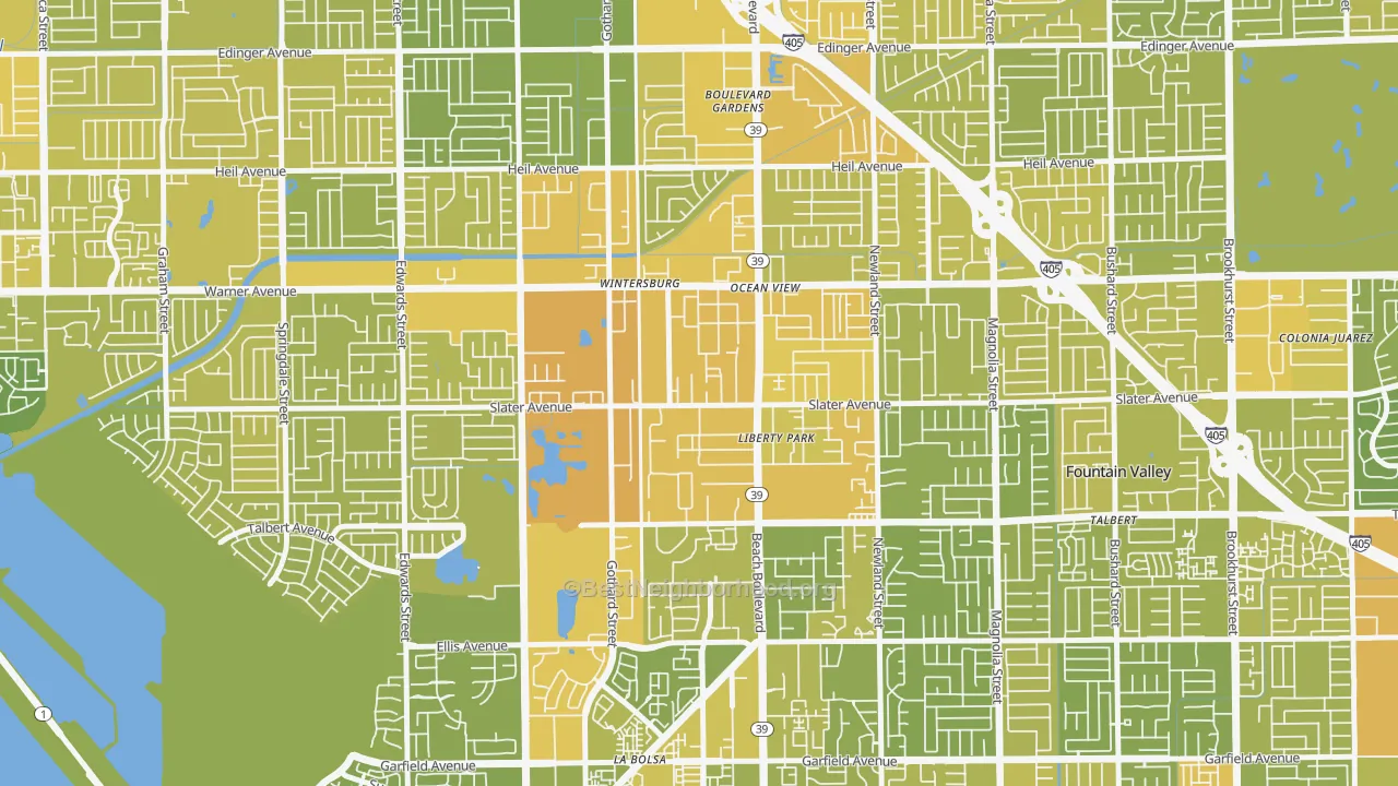 Map of the best neighborhoods in the Oak View, Huntington Beach area, with better matches in green and worse matches in red
